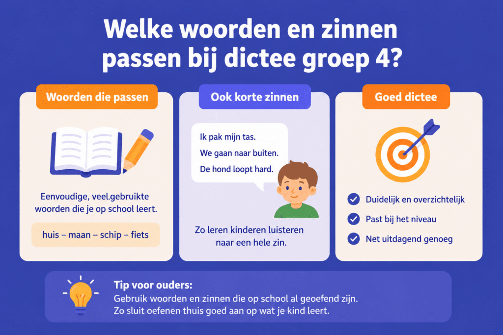 Overzichtelijke infographic over geschikte woorden en korte zinnen voor dictee in groep 4 met voorbeelden van oefenwoorden, eenvoudige zinnen en tips voor passend oefenen.