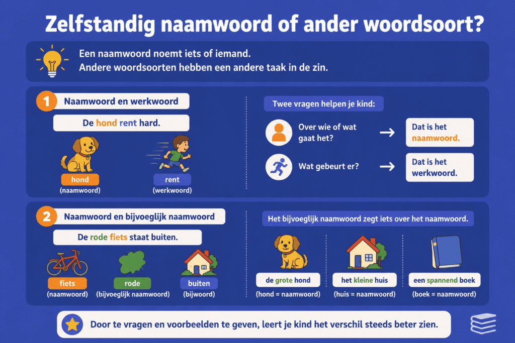 Educatieve illustratie die het verschil uitlegt tussen zelfstandige naamwoorden, werkwoorden en bijvoeglijke naamwoorden met voorbeelden zoals hond en rent, en rode fiets. De afbeelding laat zien hoe kinderen woordsoorten leren herkennen in zinnen.