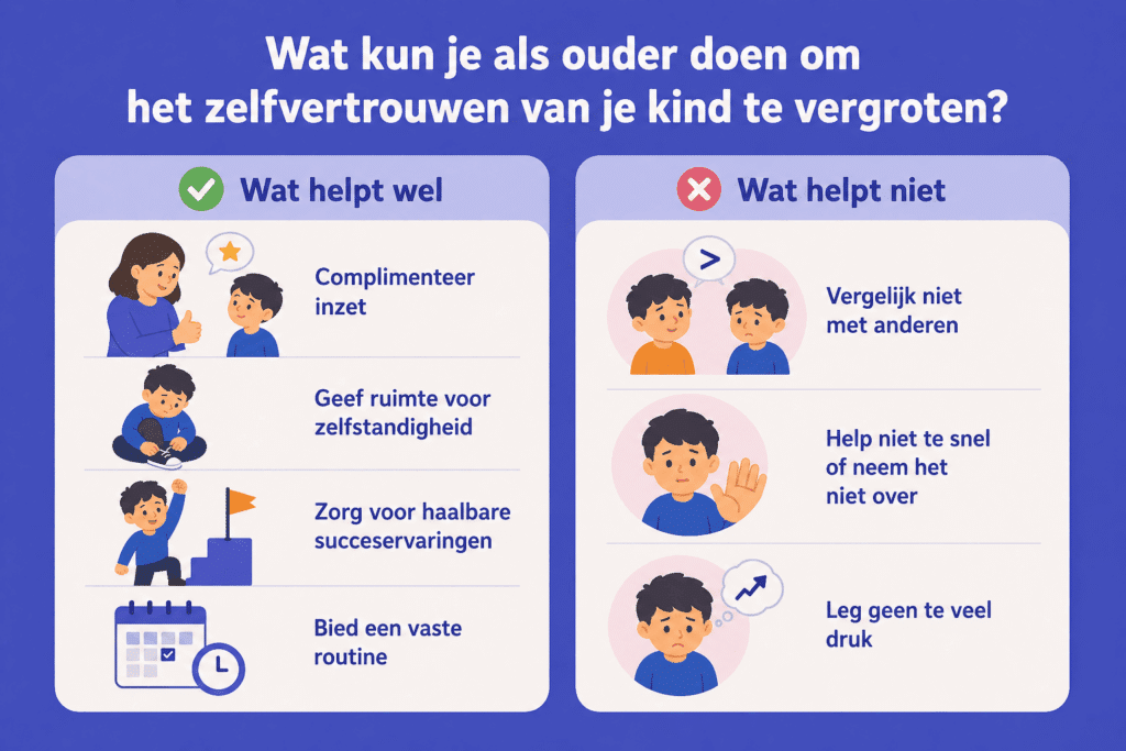 Eenvoudige infographic die laat zien wat ouders wel en niet kunnen doen om het zelfvertrouwen van hun kind te vergroten, met duidelijke voorbeelden zoals complimenteren, zelfstandigheid stimuleren en niet vergelijken