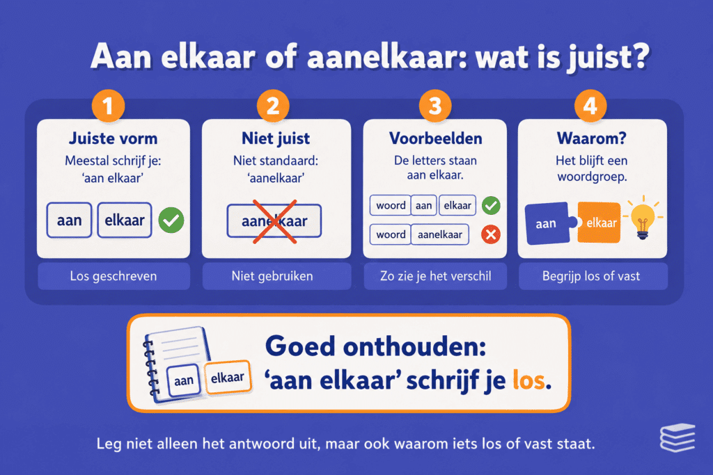 Infographic die uitlegt dat je meestal “aan elkaar” los schrijft en dat “aanelkaar” niet juist is.