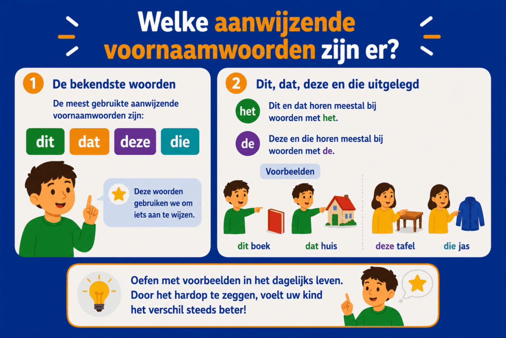 Infographic over aanwijzende voornaamwoorden met uitleg over dit, dat, deze en die, inclusief eenvoudige voorbeelden voor kinderen.