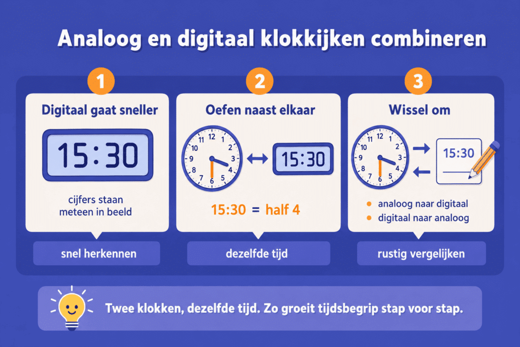 Infographic over analoog en digitaal klokkijken combineren, met voorbeelden van dezelfde tijd op een klok met wijzers en een digitale klok.
