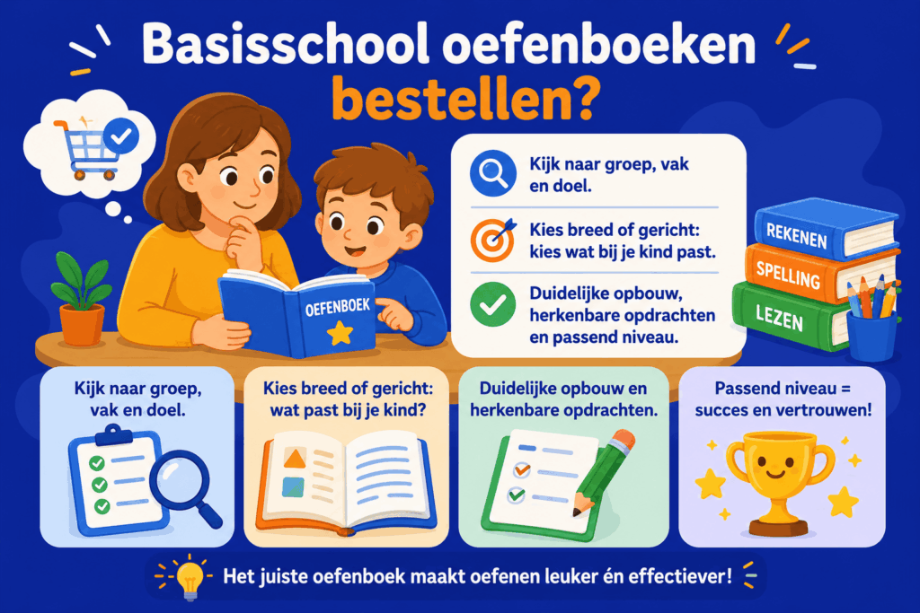 Infographic voor ouders over basisschool oefenboeken bestellen, met tips voor het kiezen van passend oefenmateriaal op niveau en per vak.