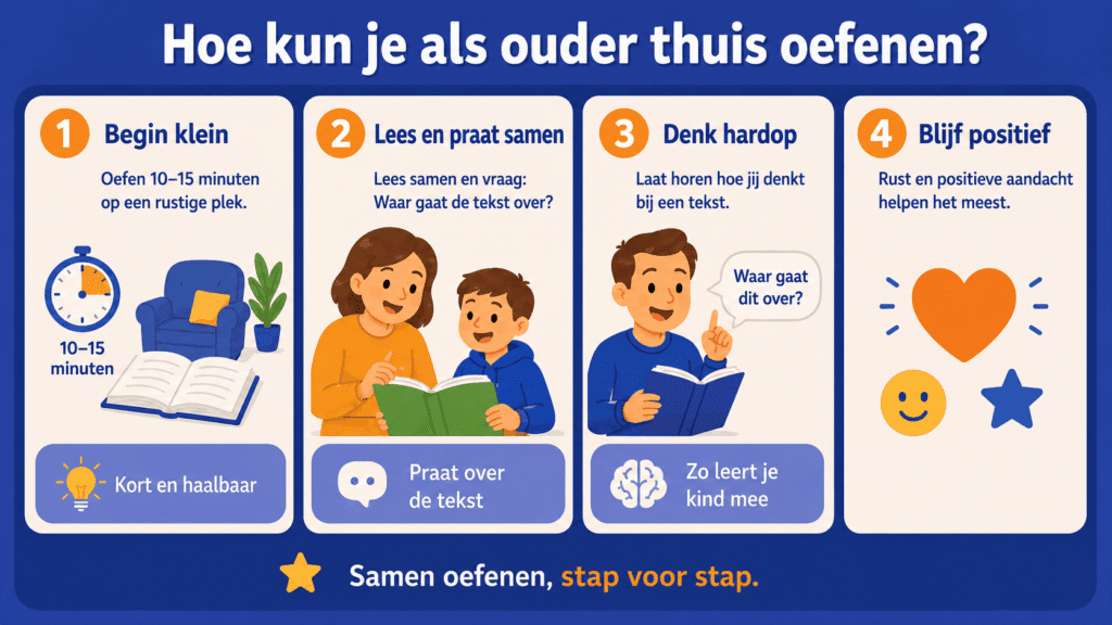 Infographic met vier tips om thuis begrijpend lezen te oefenen, zoals kort oefenen, samen lezen, hardop denken en positief blijven.