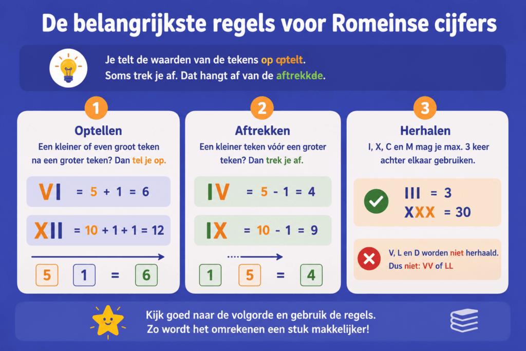 Overzichtelijke infographic voor basisschoolkinderen over de belangrijkste regels van Romeinse cijfers. De afbeelding laat drie basisregels zien: optellen bij cijfers zoals VI en XII, aftrekken bij cijfers zoals IV en IX, en herhalen van symbolen zoals III en XXX.