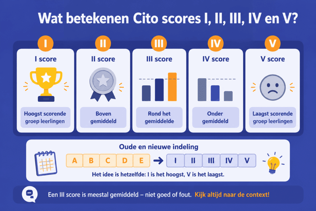 Overzichtelijke infographic die de betekenis van Cito scores I tot en met V uitlegt. Vijf duidelijke vakken tonen de scorecategorieën: I score als hoogst scorende groep leerlingen, II score als boven gemiddeld, III score als rond het gemiddelde, IV score als onder gemiddeld en V score als laagst scorende groep leerlingen.
