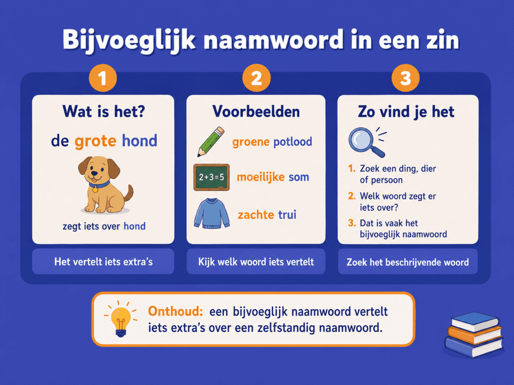 Educatieve illustratie die laat zien wat een bijvoeglijk naamwoord is, met voorbeelden zoals grote hond, groene potlood en zachte trui.