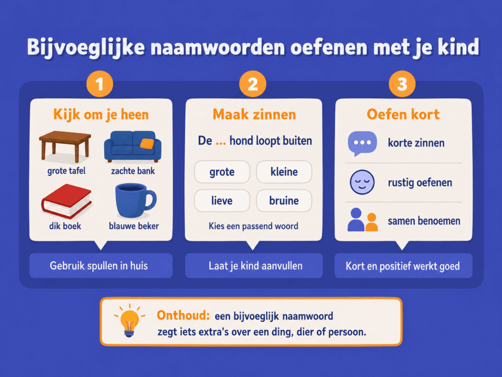 Educatieve illustratie die laat zien hoe kinderen bijvoeglijke naamwoorden oefenen met spullen in huis, korte zinnen en woorden zoals grote, kleine, lieve en bruine.