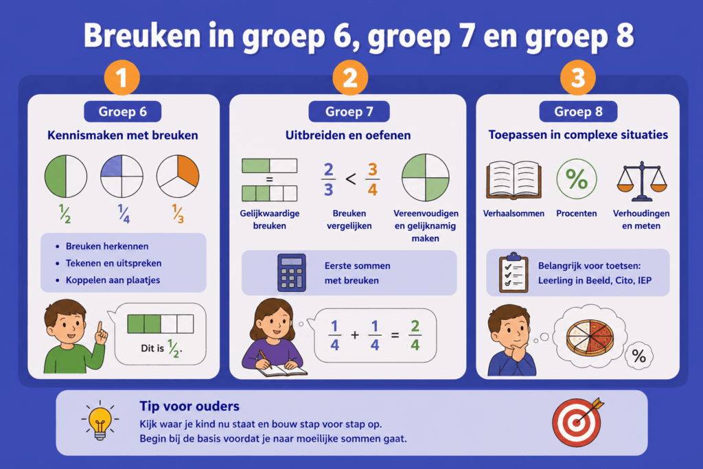 Eenvoudige educatieve illustratie die laat zien hoe kinderen in groep 6, 7 en 8 stap voor stap leren rekenen met breuken, van eenvoudige breuken herkennen tot breuken vergelijken, vereenvoudigen en toepassen in verhaalsommen en procenten.