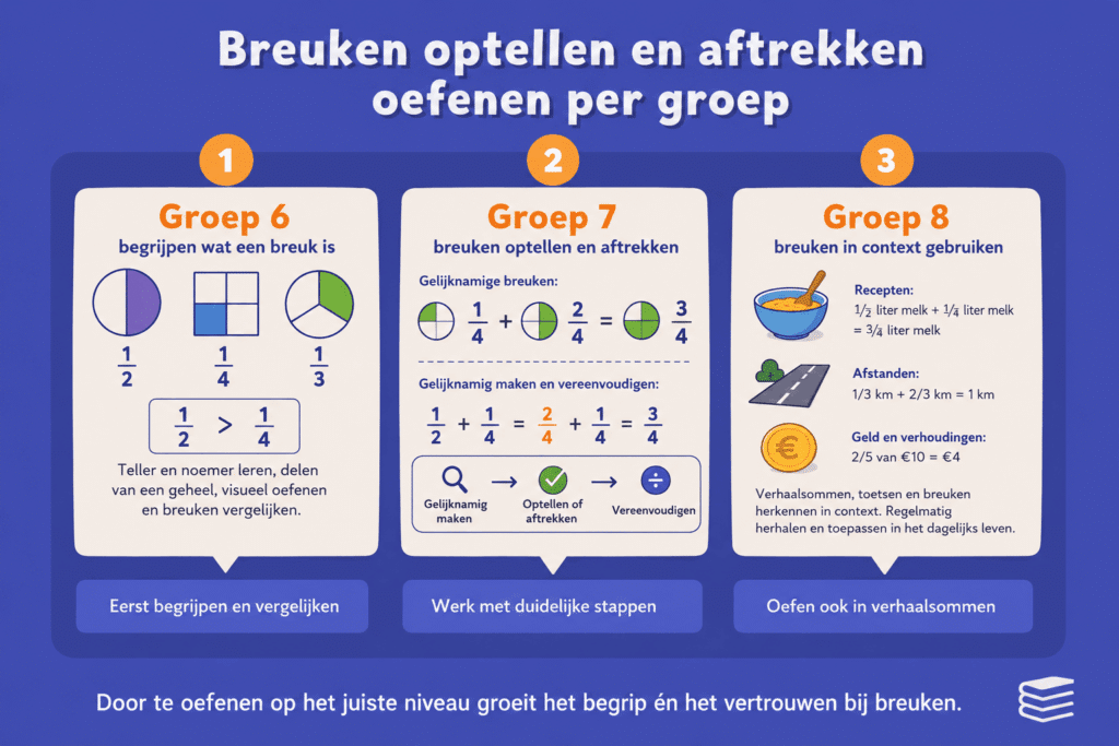 Infographic die laat zien hoe kinderen breuken optellen en aftrekken oefenen per groep, met uitleg voor groep 6, groep 7 en groep 8 en voorbeelden met breuken in context.