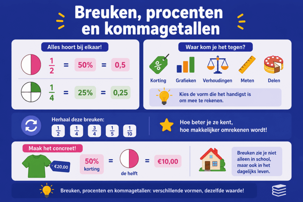 Infographic die laat zien hoe breuken, procenten en kommagetallen met elkaar samenhangen, zoals 1/2 = 50% = 0,5.