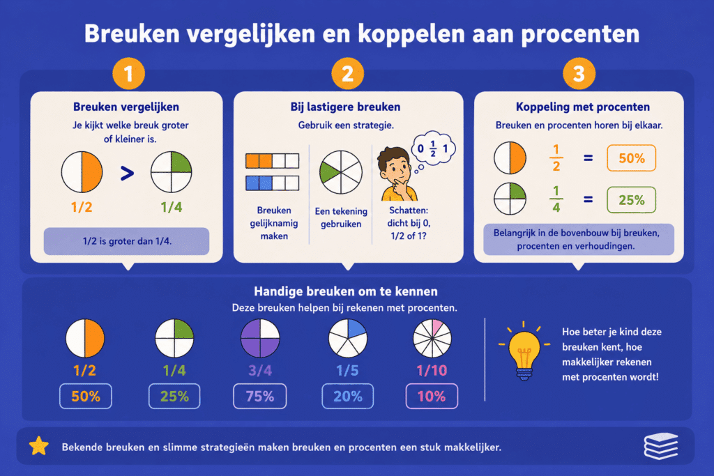 Educatieve illustratie die laat zien hoe breuken worden vergeleken en gekoppeld aan procenten, met voorbeelden zoals 1/2 = 50% en 1/4 = 25%.