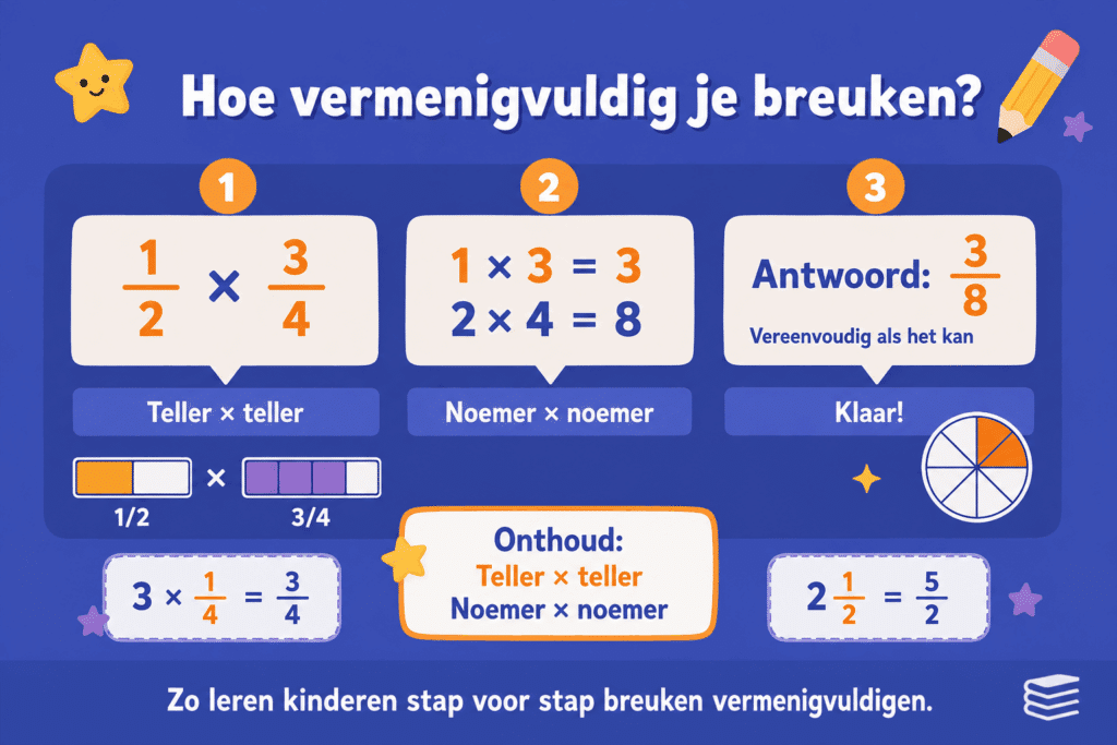Illustratie in eenvoudige stijl waarin stap voor stap wordt uitgelegd hoe kinderen breuken kunnen vermenigvuldigen, met voorbeelden van tellers, noemers en het vereenvoudigen van de uitkomst.