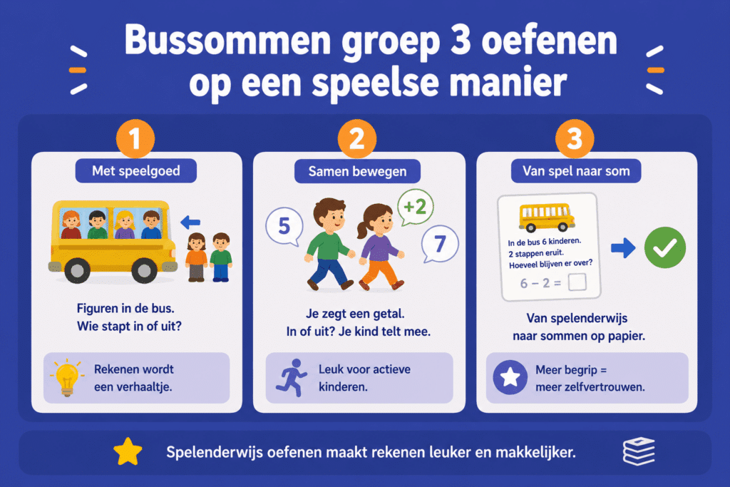 Infographic over bussommen oefenen in groep 3 op een speelse manier, met speelgoed, bewegen en eenvoudige bussommen als rekenverhaal.