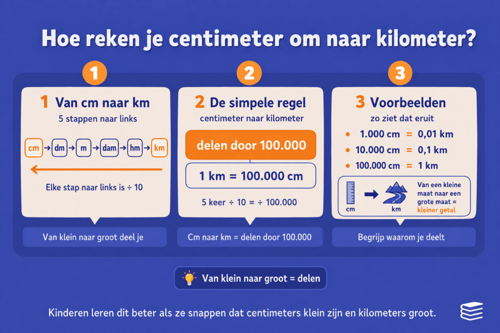 Infographic die stap voor stap uitlegt hoe je centimeter omrekent naar kilometer, met de regel delen door 100.000 en voorbeelden zoals 1.000 cm = 0,01 km.