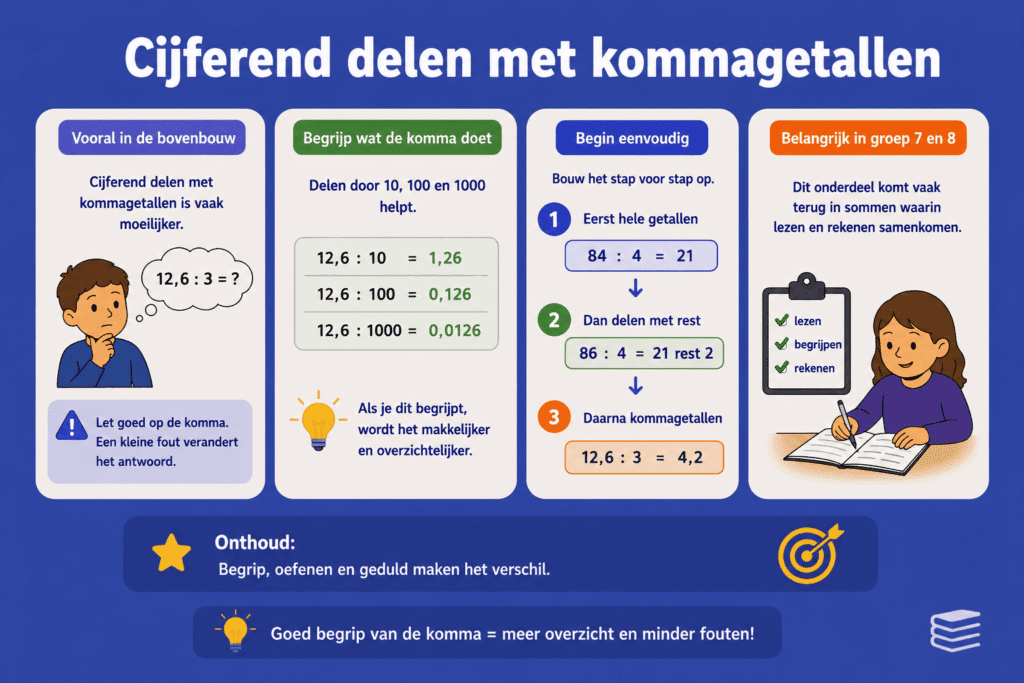 Infographic die uitlegt hoe kinderen cijferend delen met kommagetallen stap voor stap leren begrijpen.