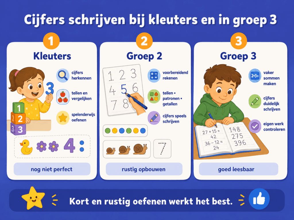 Infographic over cijfers schrijven bij kleuters en in groep 3, met aandacht voor cijfers herkennen, tellen, vergelijken, rustig oefenen en duidelijk leesbaar schrijven.