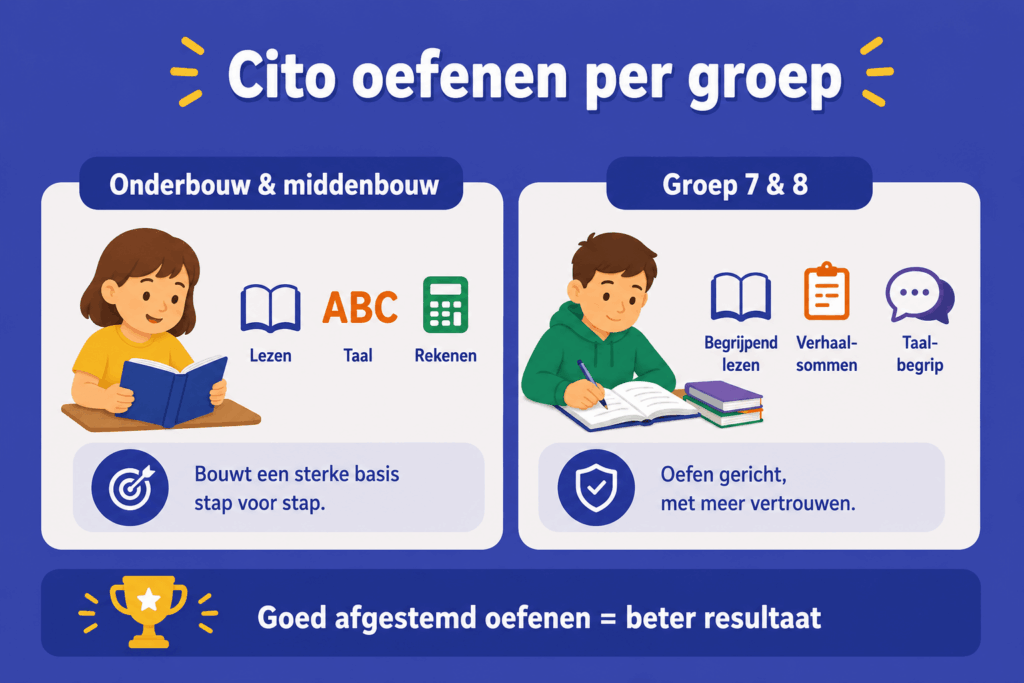 Infographic over Cito oefenen per groep, met aandacht voor basisvaardigheden in de onderbouw en toetsvaardigheden in groep 7 en 8.