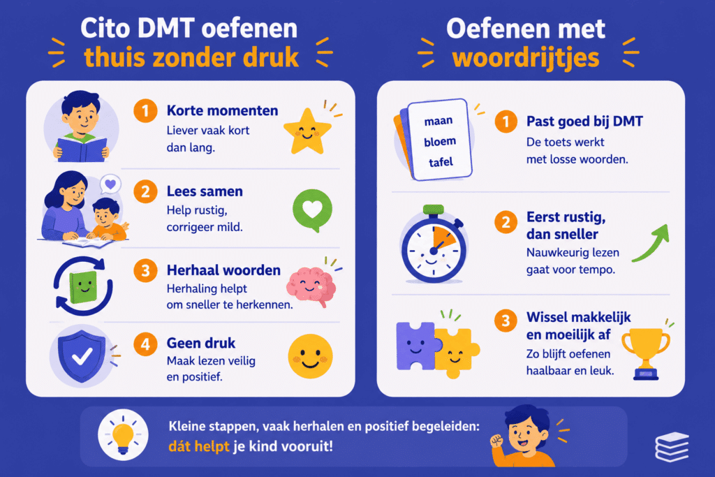 Kleurrijke infographic met tips om thuis ontspannen te oefenen voor de DMT, zoals korte oefenmomenten, samen lezen en woordrijtjes herhalen.