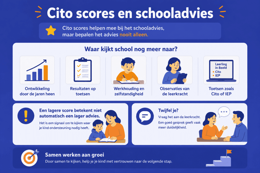Informatieve infographic over de relatie tussen Cito scores en het schooladvies in groep 7 en groep 8. Bovenaan staat de boodschap dat Cito scores meehelpen bij het schooladvies, maar dit nooit alleen bepalen.