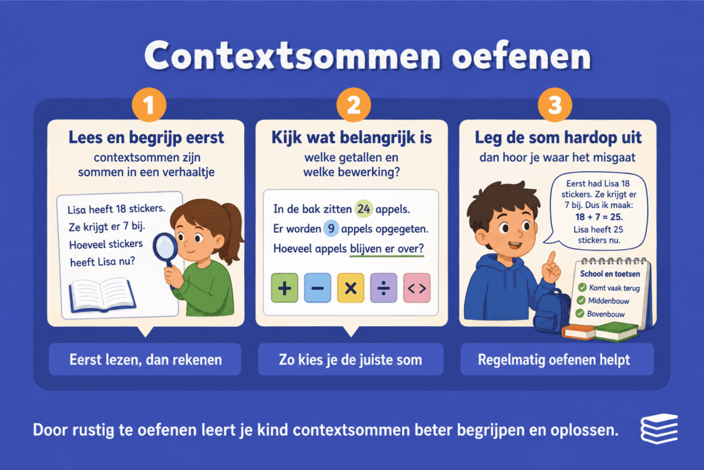 Infographic die laat zien hoe kinderen contextsommen oefenen door eerst de tekst te begrijpen, belangrijke getallen en bewerkingen te kiezen en de som hardop uit te leggen.