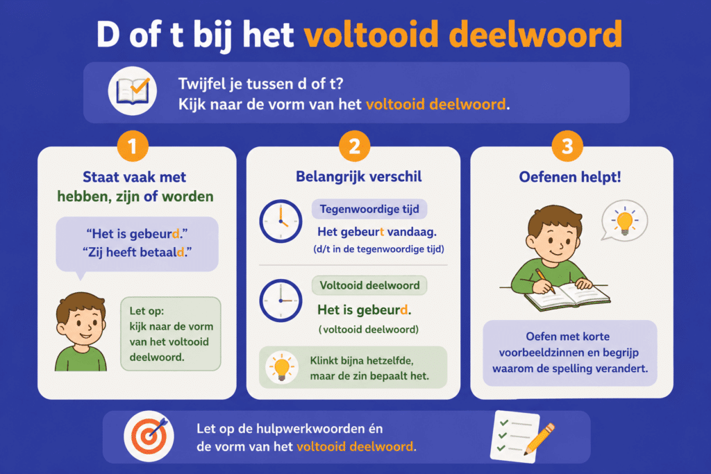Overzichtelijke infographic die uitlegt hoe kinderen d of t gebruiken bij het voltooid deelwoord. De afbeelding toont drie eenvoudige onderdelen: voltooid deelwoorden staan vaak bij hulpwerkwoorden zoals hebben, zijn en worden, het verschil tussen het gebeurt en het is gebeurd, en het belang van oefenen met korte voorbeeldzinnen.