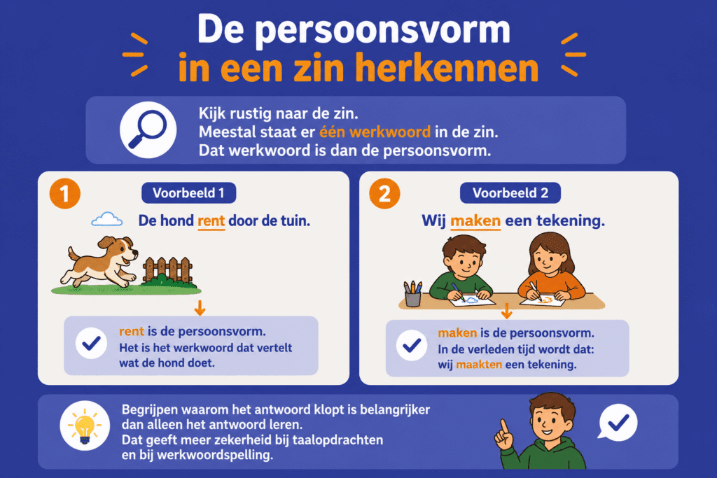 Educatieve infographic die uitlegt hoe kinderen de persoonsvorm in een zin kunnen herkennen. De afbeelding toont twee eenvoudige voorbeelden: “De hond rent door de tuin” en “Wij maken een tekening”. In beide zinnen is de persoonsvorm duidelijk gemarkeerd.