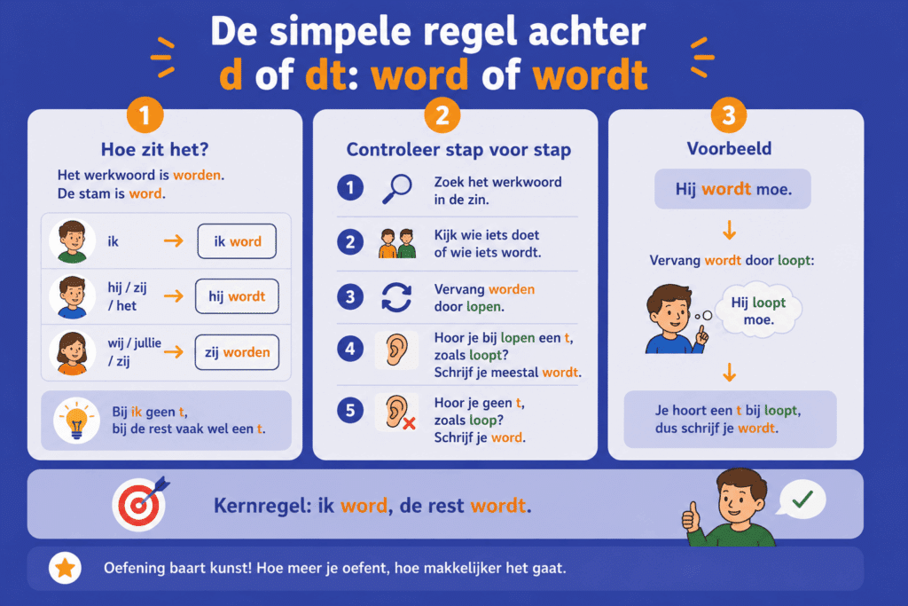 Educatieve infographic die stap voor stap uitlegt wanneer je word of wordt schrijft. De afbeelding laat zien dat de stam van worden gelijk is aan word, geeft voorbeelden met ik word en hij wordt en toont een eenvoudige controle met het werkwoord lopen.