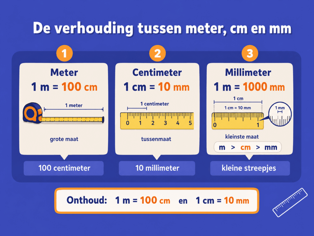 Educatieve illustratie die laat zien dat 1 meter gelijk is aan 100 centimeter, 1 centimeter aan 10 millimeter en 1 meter aan 1000 millimeter.