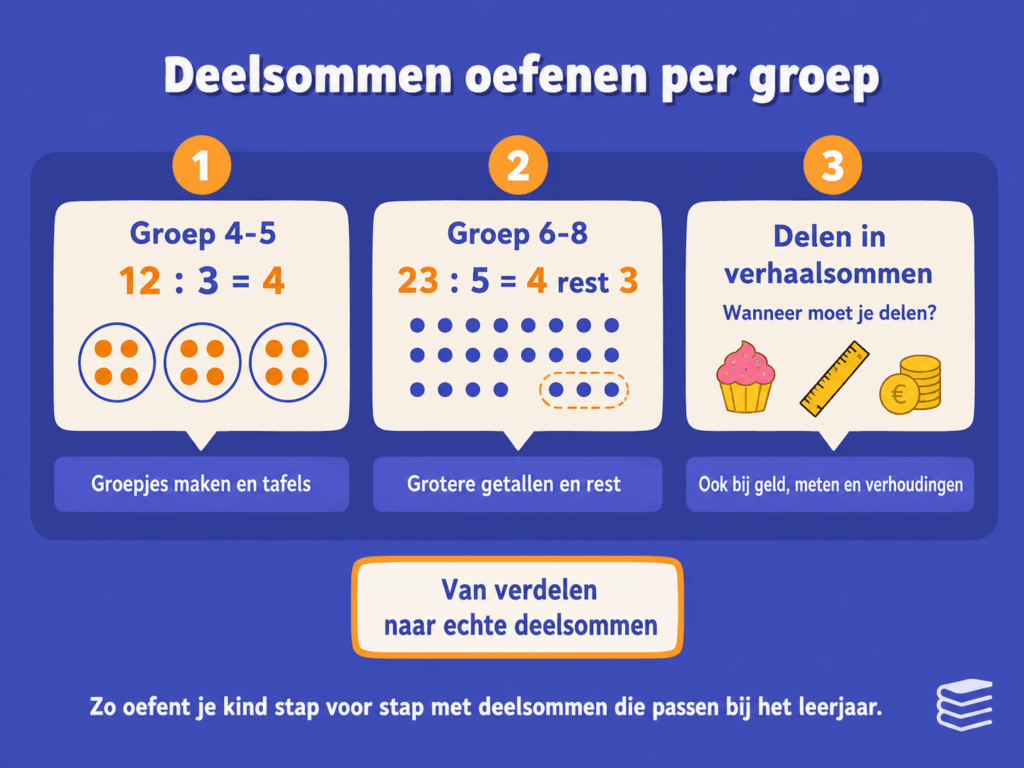 Infographic die laat zien hoe kinderen deelsommen oefenen per groep, van groepjes maken en tafels in groep 4 en 5 tot grotere deelsommen met rest en verhaalsommen in groep 6, 7 en 8.
