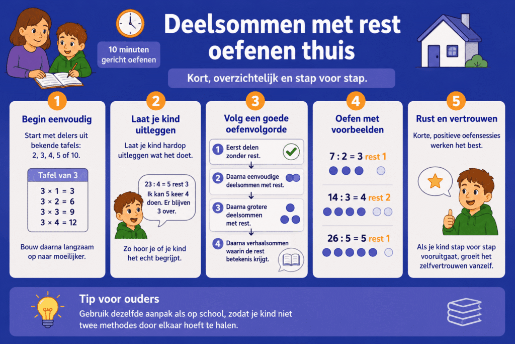 Infographic met tips voor het oefenen van deelsommen met rest thuis. De afbeelding laat zien dat kinderen het beste stap voor stap kunnen oefenen: eerst delen zonder rest, daarna eenvoudige en grotere deelsommen met rest en vervolgens verhaalsommen.