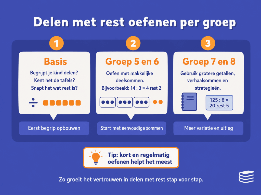 Infographic die laat zien hoe kinderen delen met rest oefenen per groep, van basisbegrip tot grotere deelsommen