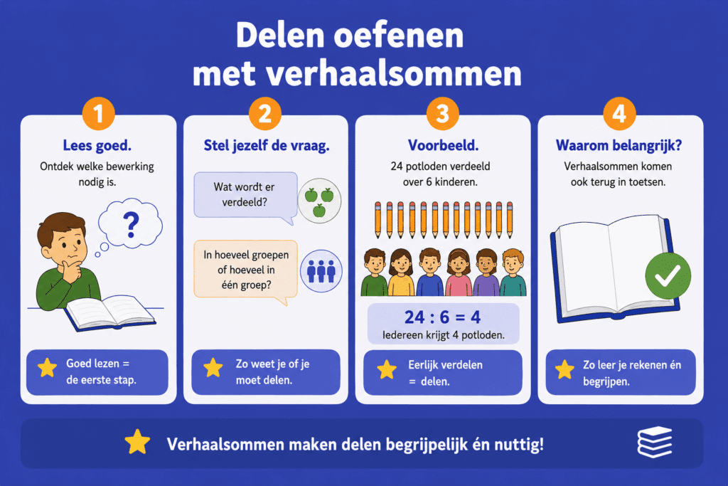Infographic die laat zien hoe kinderen delen oefenen met verhaalsommen door goed te lezen en eerlijk te verdelen.