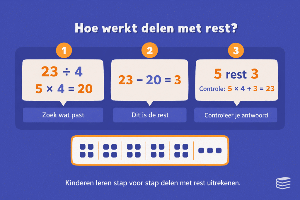 Infographic over delen met rest met een voorbeeldsom en korte uitleg in stappen