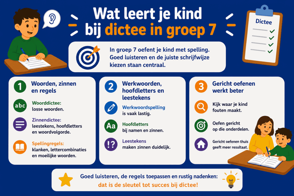Infographic over wat kinderen leren bij dictee in groep 7, met aandacht voor spelling, werkwoorden, hoofdletters, leestekens en gericht oefenen.