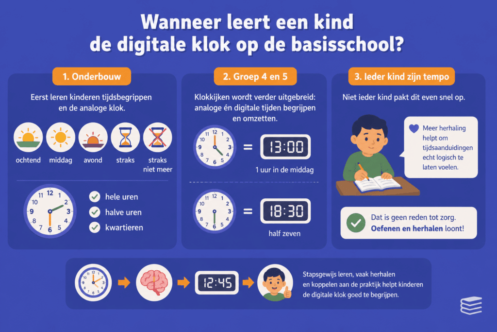 Educatieve illustratie over het leren van de digitale klok op de basisschool. De afbeelding laat zien hoe kinderen eerst tijdsbegrippen en de analoge klok leren en later digitale tijden zoals 13:00 en 18:30 leren begrijpen en omzetten.