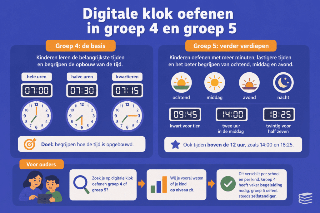Educatieve illustratie over digitale klok oefenen in groep 4 en groep 5 met voorbeelden van hele uren, halve uren, kwartieren en digitale tijden zoals 14:00 en 18:25. De afbeelding laat zien hoe kinderen stap voor stap leren omgaan met tijd en digitale klokken.