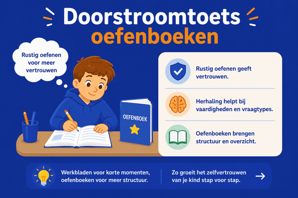 Infographic over doorstroomtoets oefenboeken voor groep 8, met uitleg over rustig oefenen, herhaling en meer zelfvertrouwen bij toetsvoorbereiding.