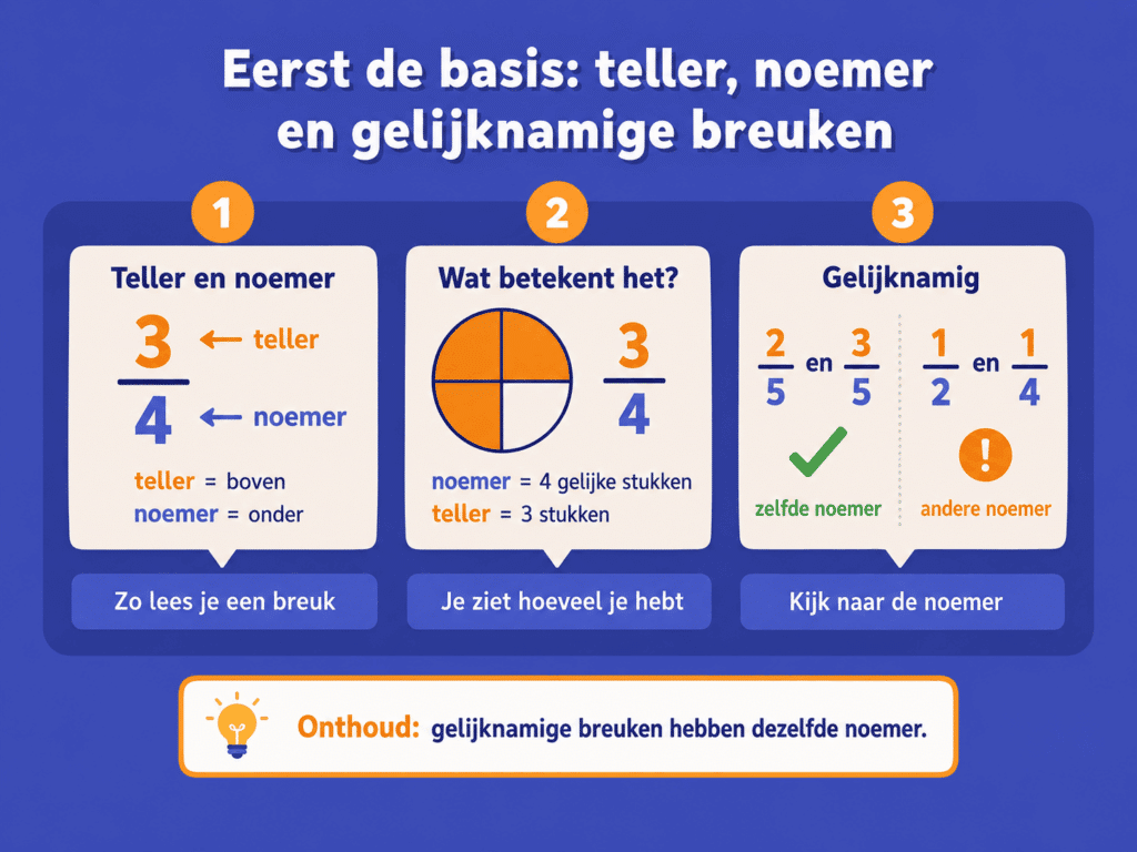Educatieve illustratie die uitlegt wat een teller en noemer zijn, wat 3/4 betekent en hoe je gelijknamige breuken herkent aan dezelfde noemer.