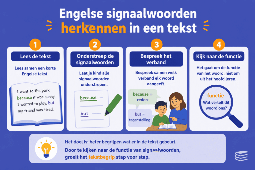 Eenvoudige infographic die laat zien hoe kinderen Engelse signaalwoorden herkennen door een tekst te lezen, woorden te onderstrepen en het verband te bespreken.