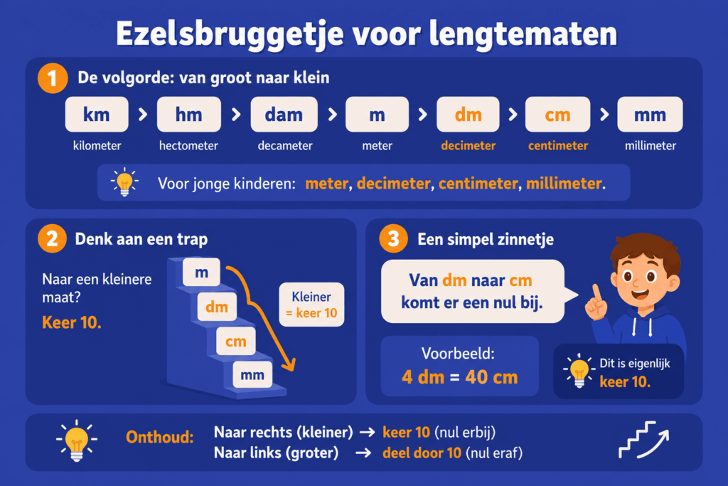 Infographic met een ezelsbruggetje voor lengtematen en de volgorde meter, decimeter, centimeter en millimeter.