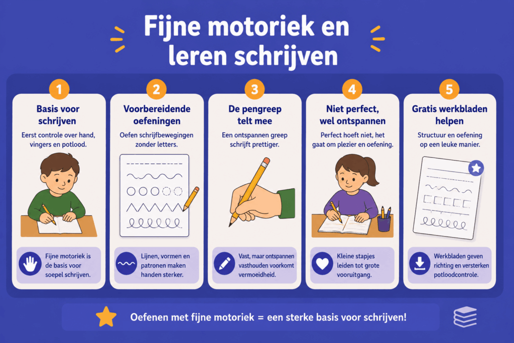 nfographic die laat zien hoe fijne motoriek helpt bij leren schrijven, met aandacht voor schrijfoefeningen, potloodgreep en werkbladen.