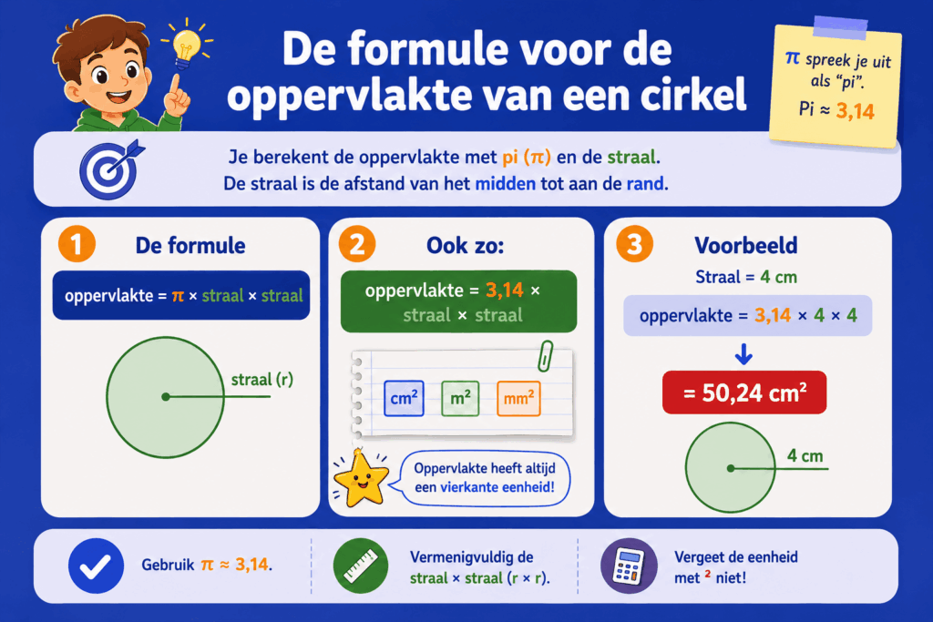 Kleurrijke infographic voor basisschoolkinderen die stap voor stap uitlegt hoe je de oppervlakte van een cirkel berekent. De afbeelding toont de formule oppervlakte = π × straal × straal, een duidelijke cirkel met aangegeven straal en een voorbeeldsom met straal 4 cm.
