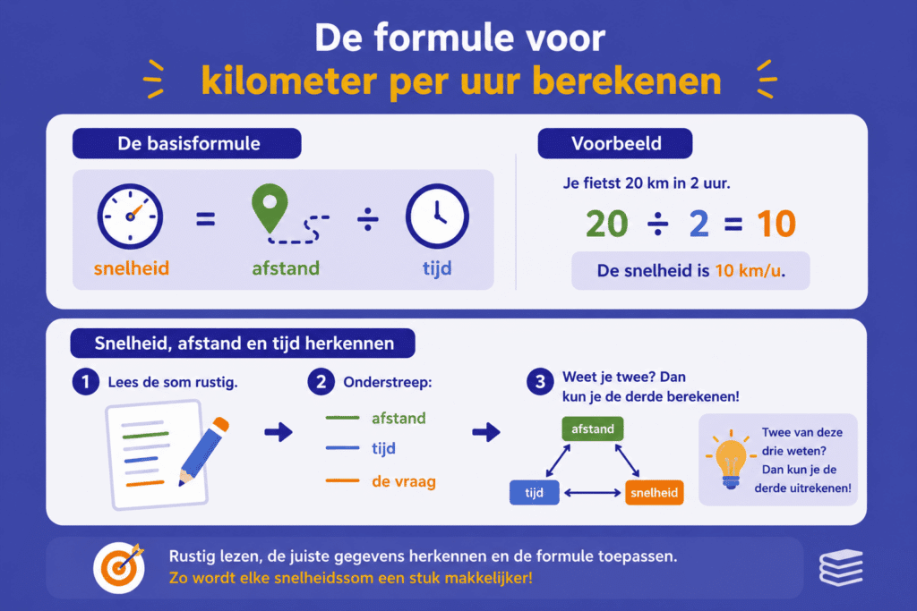 Overzichtelijke infographic die laat zien hoe je snelheid in km/u berekent met de formule afstand ÷ tijd, inclusief een eenvoudig voorbeeld en stappenplan.