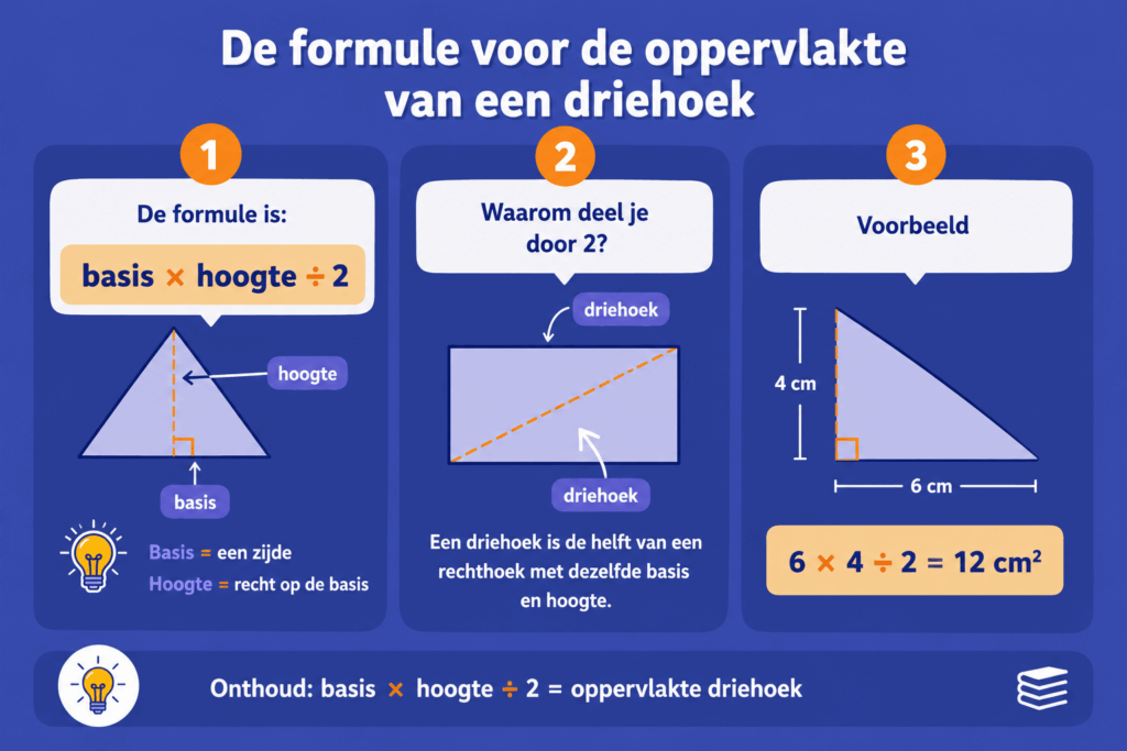Infographic die de formule voor de oppervlakte van een driehoek uitlegt. De afbeelding laat zien dat je de oppervlakte berekent met basis × hoogte ÷ 2, verduidelijkt wat de basis en hoogte zijn en laat met een rechthoek zien waarom je door 2 deelt.