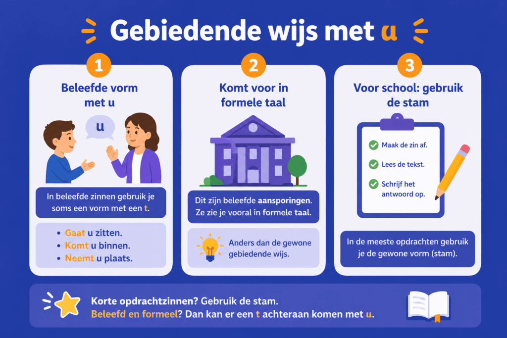 Infographic die uitlegt hoe de gebiedende wijs met u werkt, met voorbeelden van beleefde opdrachtzinnen en het verschil met de gewone gebiedende wijs.