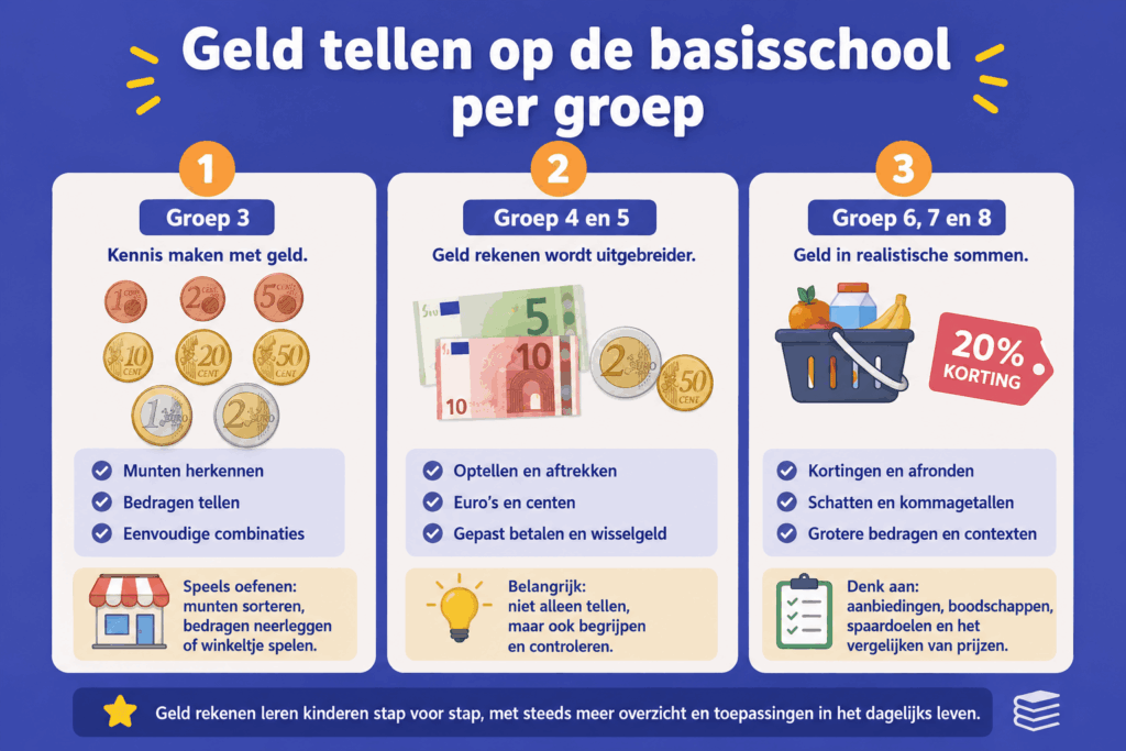 Infographic die laat zien hoe kinderen in verschillende groepen leren omgaan met geld, van munten herkennen tot rekenen met kortingen en grotere bedragen.