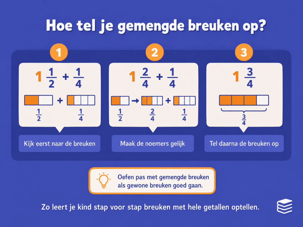 Infographic die stap voor stap laat zien hoe je gemengde breuken optelt door eerst de noemers gelijk te maken.