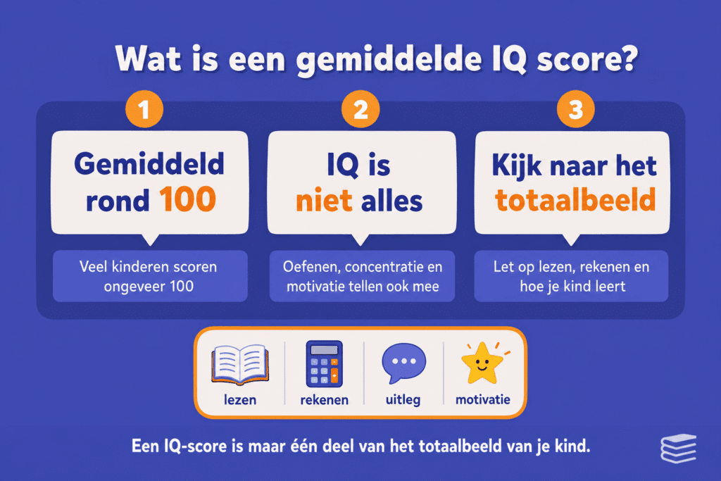 Infographic die uitlegt dat een gemiddelde IQ-score bij kinderen rond de 100 ligt, maar dat ook concentratie, motivatie, uitleg, lezen en rekenen belangrijk zijn voor het totaalbeeld.