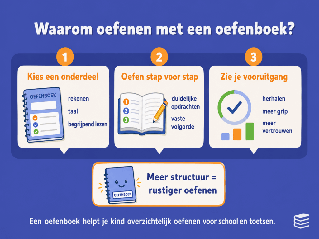 Infographic die laat zien hoe een oefenboek kinderen helpt om gestructureerd te oefenen, met duidelijke onderdelen voor rekenen, taal en begrijpend lezen, stap-voor-stap opdrachten en zichtbare vooruitgang.